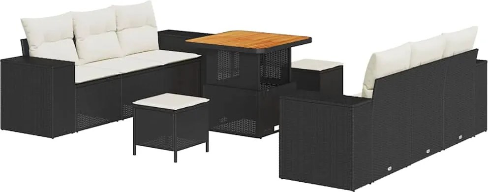 vidaXL Kerti Kanapé Szett párnával 9 pcs Fekete és Krém Poly Rattan