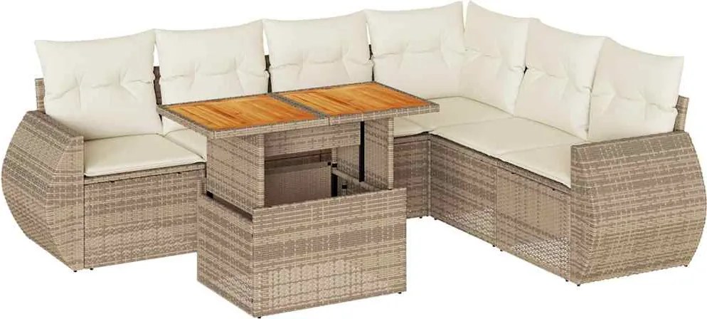 vidaXL 7 részes bézs polyrattan kerti ülőgarnitúra párnákkal