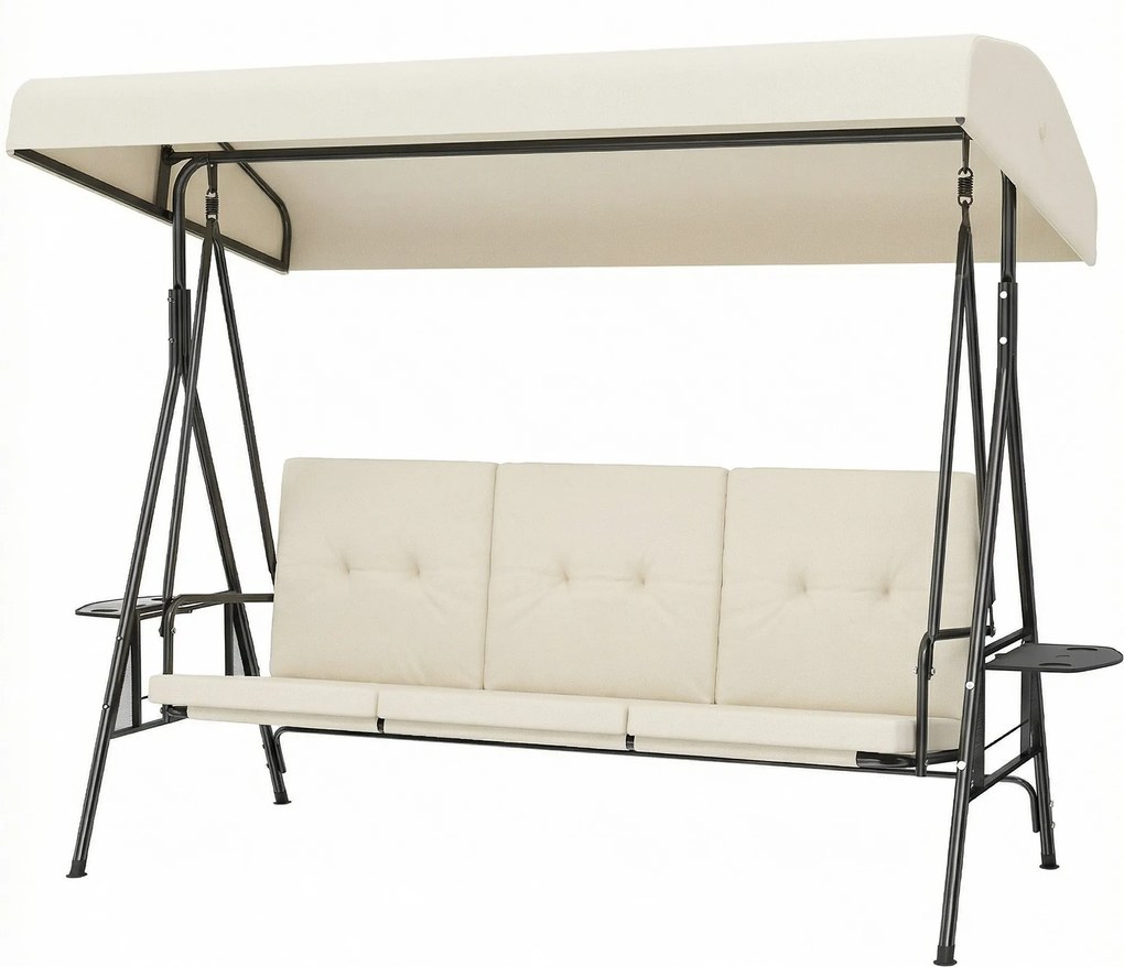 Outsunny 3 személyes kerti hinta — állítható napellenző, 2 lehajtható oldaltálca és párnák, acél/poliészter, krémszín | Aosom