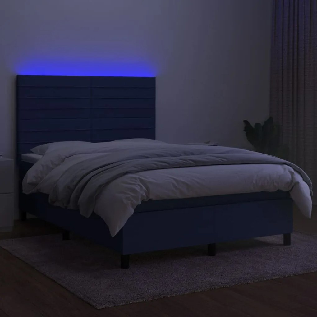 kék szövet rugós és LED-es ágy matraccal 140x190 cm