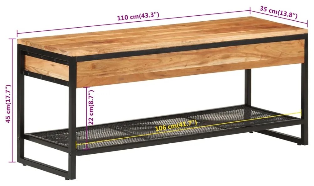tömör akácfa és vas cipőpad 110 x 35 x 45 cm