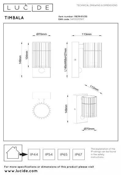 Lucide 11839/01/30 - Ven fali lámpatest TIMBALA érzékelővel 1xGU10/7W/230V IP44