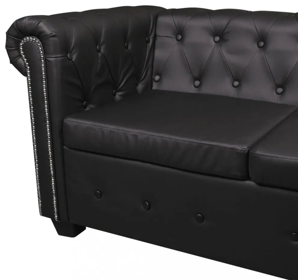 5 személyes fekete műbőr Chesterfield sarokkanapé