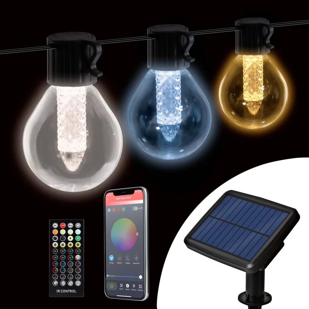 LED Dimmelhető napelemes fényfüzér 15xLED/1,5W/3,7/5V 2200 mAh 9 m IP65 fekete + távirányító