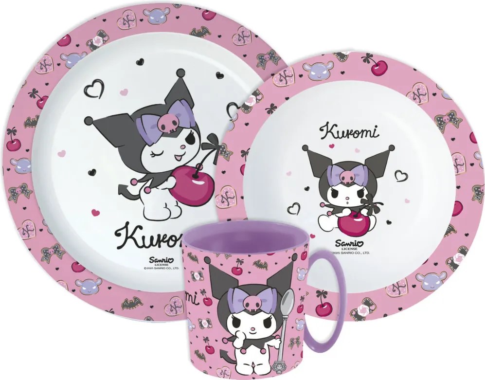 Hello Kitty Kuromi étkészlet, micro műanyag szett bögrével 390 ml