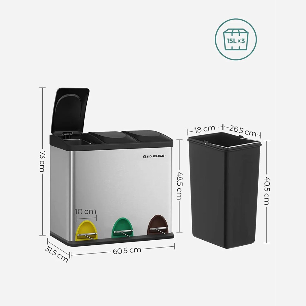 Szelektív szemeteskuka 3x15L, ezüst