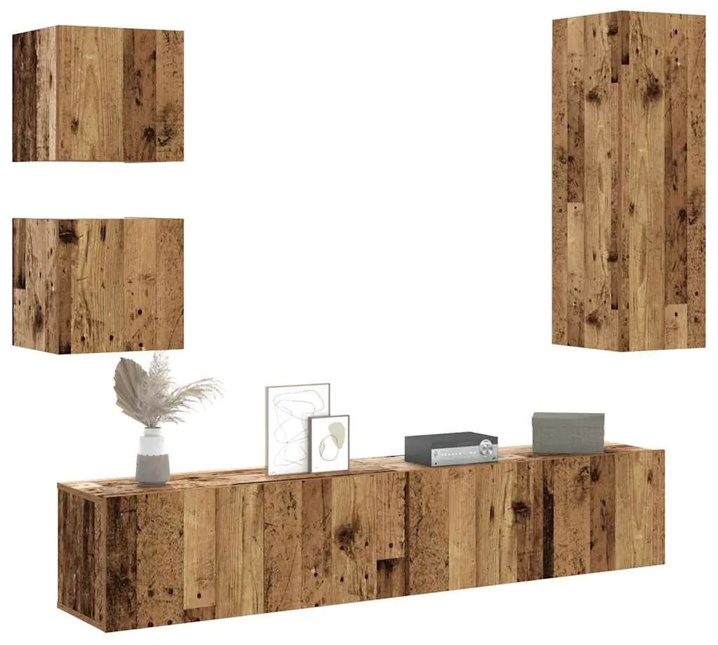 5 részes antik fa színű szerelt fa fali TV-szekrényszett