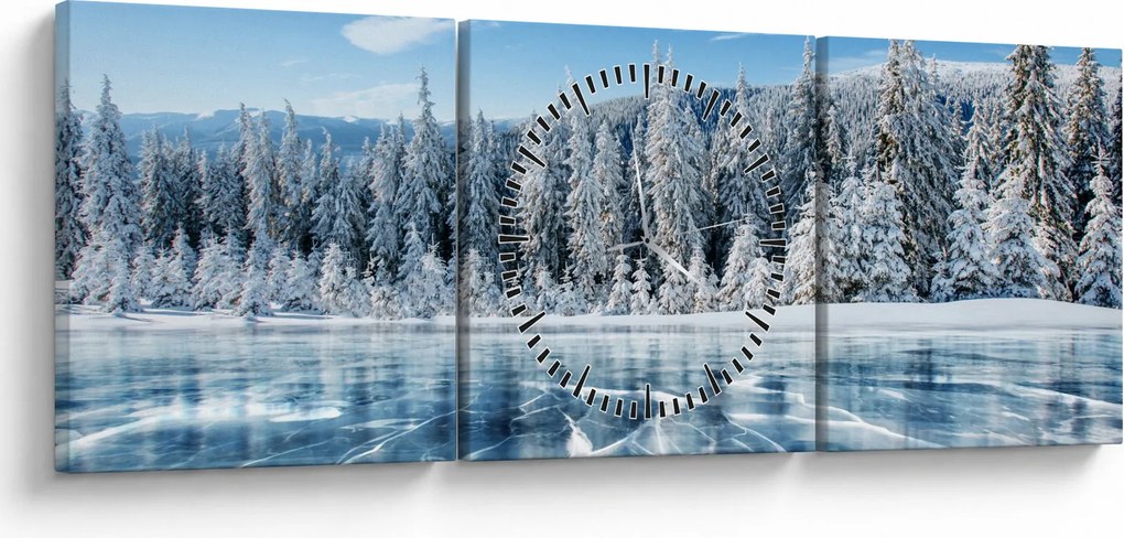 Kép a befagyott tóról és a havas fákról (órával) (90x30 cm)