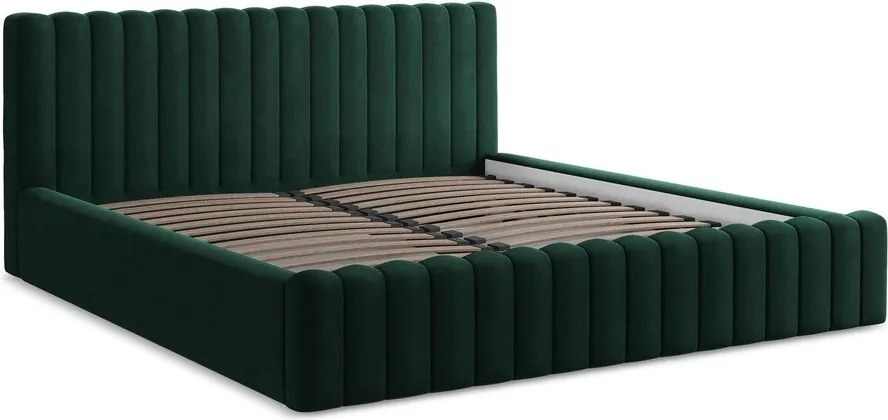 Sötétzöld kárpitozott ágyneműtartós franciaágy ágyráccsal 180x200 cm Lemi – Makamii