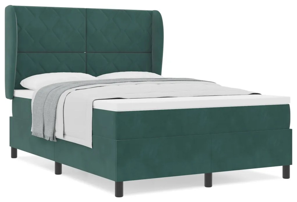Boxspring Ágy Mattal - Sötét Zöld, 140x200 cm, Bársony