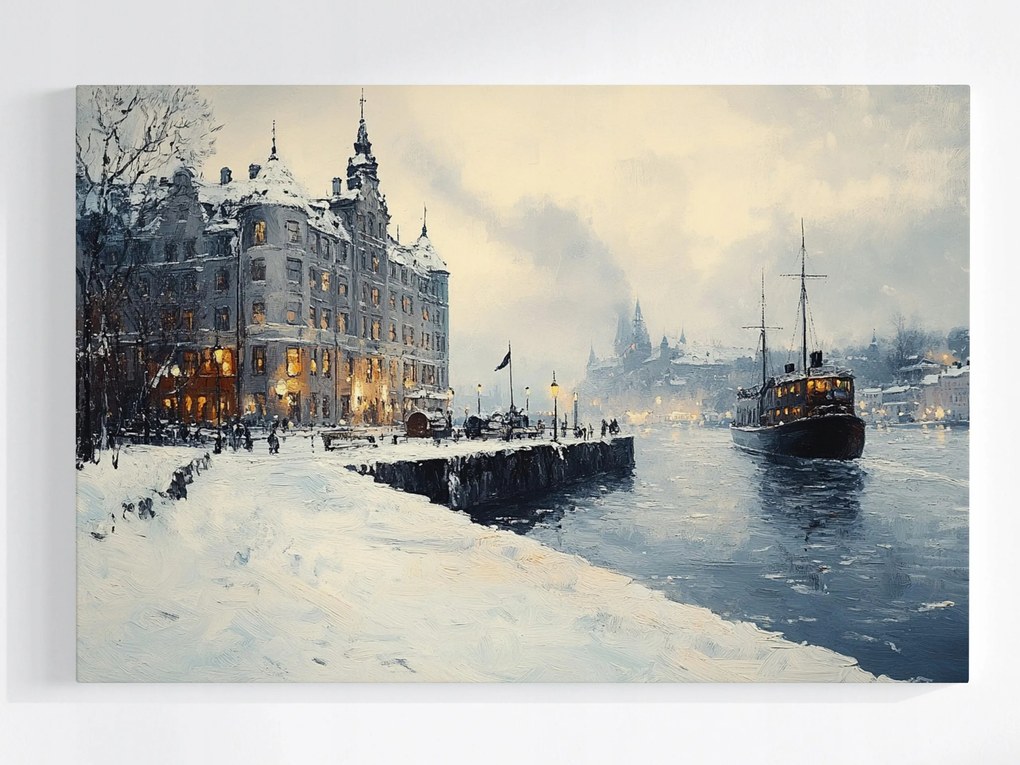 Poszter Város Kikötő Vízpart Hajó Tél Hó Fagy 120x80