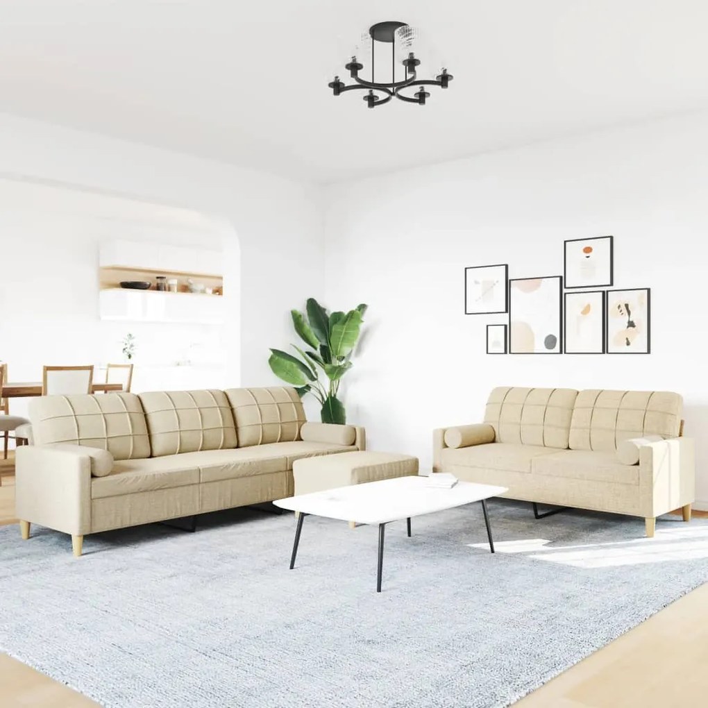 3 részes krémszínű szövet ülőgarnitúra lábtartóval/párnával