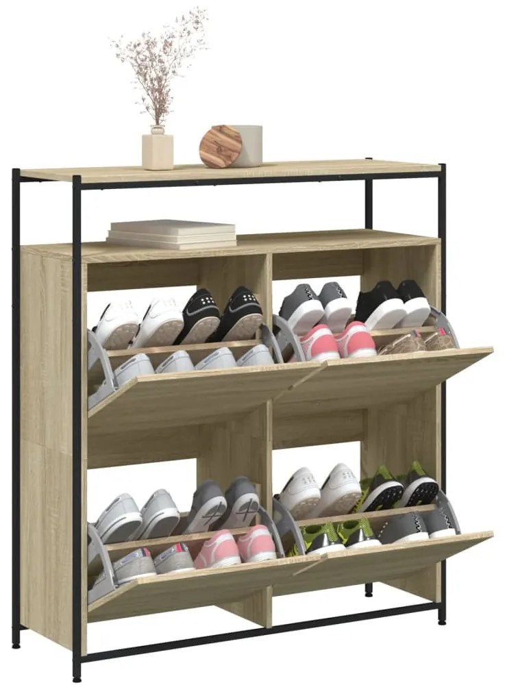 sonoma tölgy cipőszekrény 4 kihajtható fiókkal 100x34x112 cm