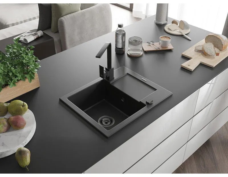 Mexen Enzo, gránit mosogató 576x465x174 mm, 1 kamrás, fekete matt Rita csaptelep, fekete, 6506-77-670300-70-B