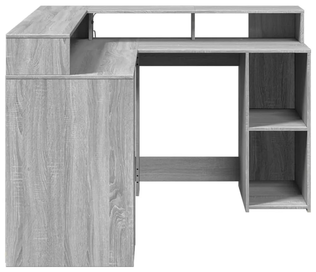 szürke sonoma színű szerelt fa LED-es íróasztal 130x130x91 cm