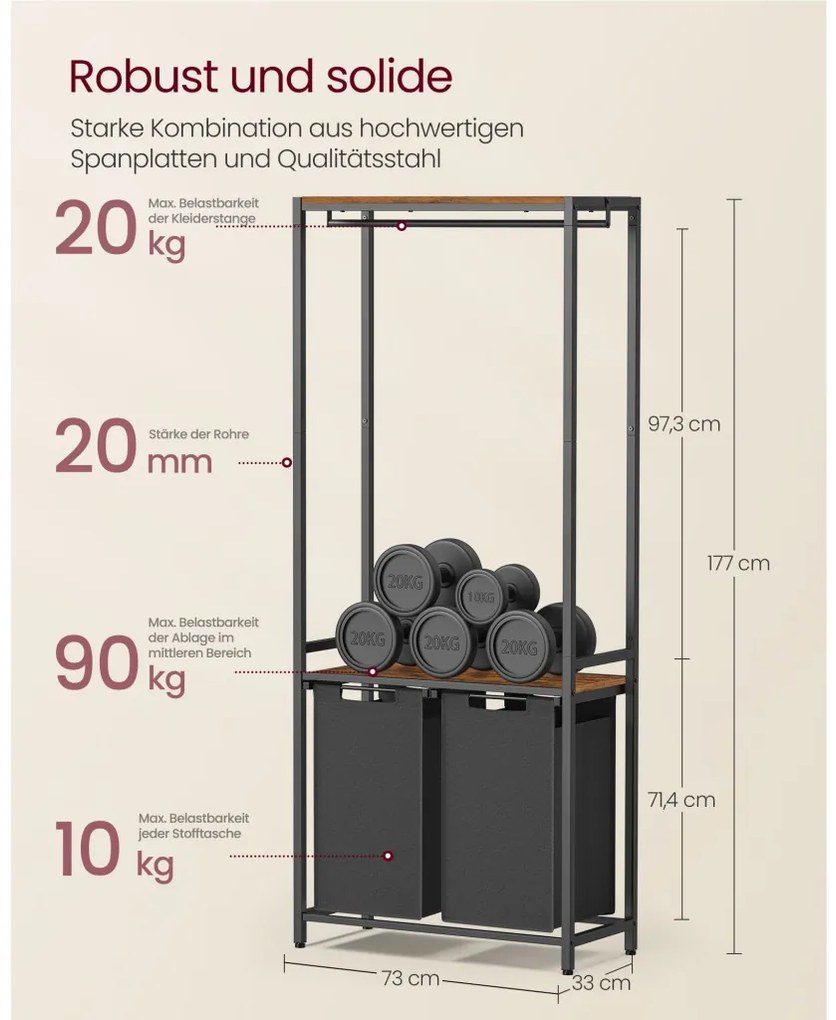 Szennyestartó, polccal kihúzható és levehető ruhatartó zsákkal 2x46L, rusztikus barna és