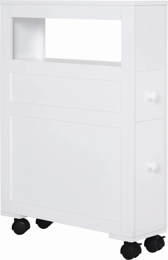 HOMCOM Fürdőszoba Szekrény Kerekekkel Keskeny Fürdőszoba Szekrény 2 Fiókkal és Tárolópolccal 20 kg Teherbírás 16x52x71.5 cm Fehér | Aosom
