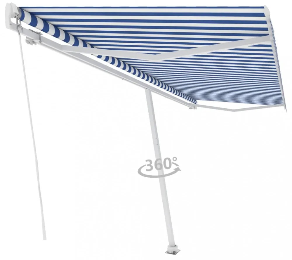 kék és fehér kézzel kihúzható póznás napellenző 500 x 300 cm