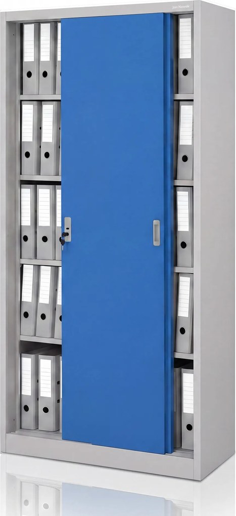 Fém irodai szekrény tolóajtókkal, szürke-kék, 900x1850x400 mm: KUBA
