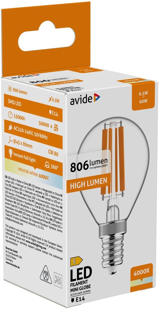 Avide LED Filament Mini Globe 6.5W E14 806LM NW 4000K High Lumen