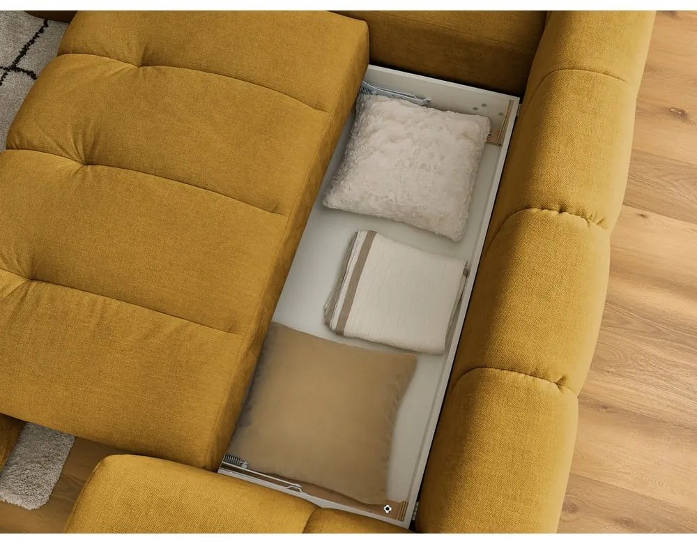 Mustársárga kinyitható-tárolóhelyes sarokkanapé (bal oldali-L alakú) Fuji – Bobochic Paris
