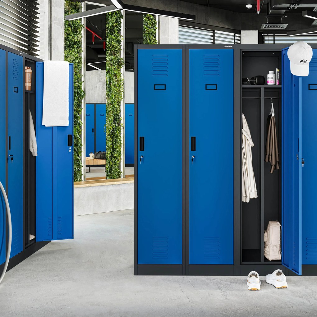 Pléh öltözőszekrény talpazaton, kétmodulos, polccal és köztes fallal KACPER, 800 x 1800 x 500 mm, antracit-kék