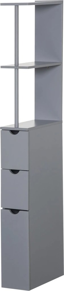 HOMCOM Modern Fürdőszobai Segédoszlop Szürke Fürdőszekrény 2 Polccal, 2 Fiókkal és 1 Felborulásgátló Ajtóval 15x33x136.5 cm | Aosom