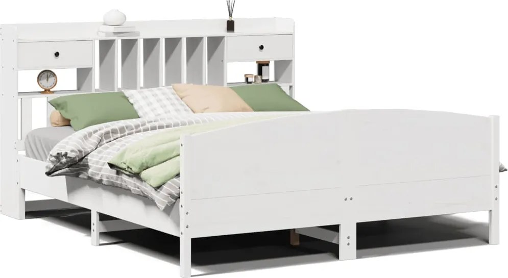 vidaXL fehér tömör fenyőfa könyvespolcos ágy matrac nélkül 180x200 cm