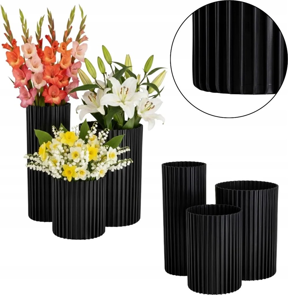 3 Db-os Fekete Váza Szett virágos kozmetikai kiegészítők tartó glam