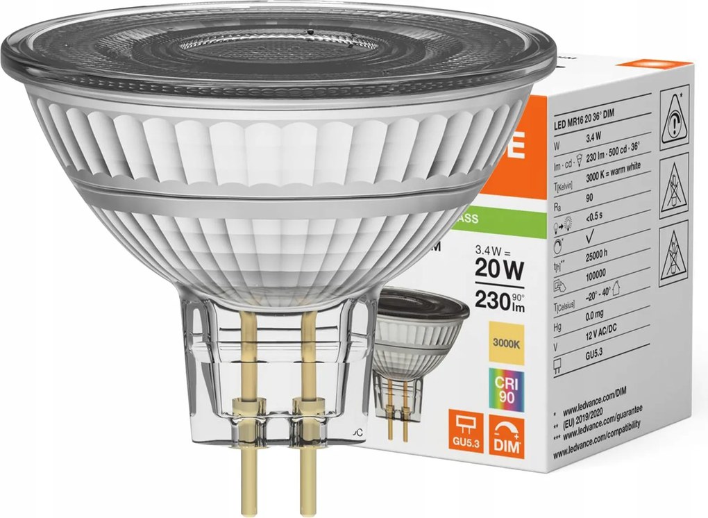 Led izzó MR16 GU5.3 3,4W 20W 230lm 3000K 12V Fényerőszabályozható Ledvance