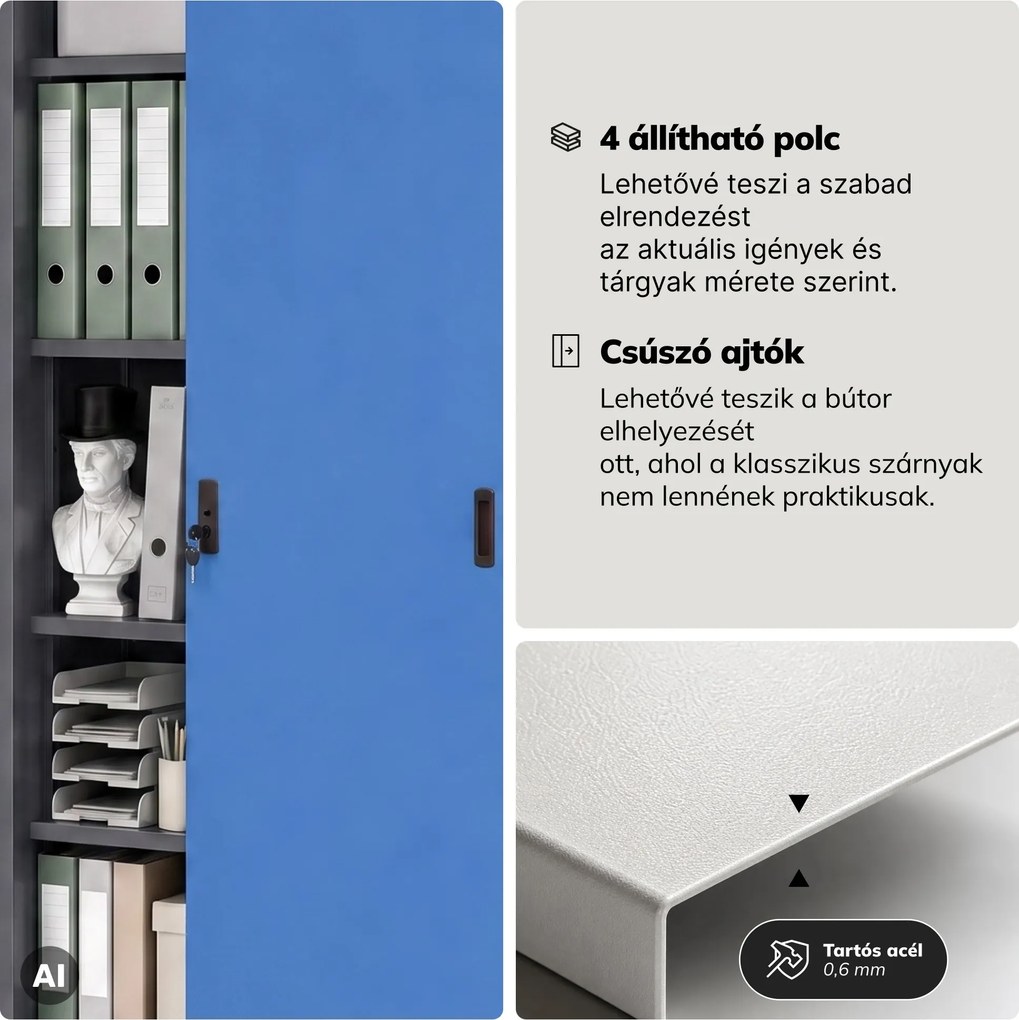 Fém irodai szekrény tolóajtókkal, antracit-kék, 900x1850x400 mm: KUBA