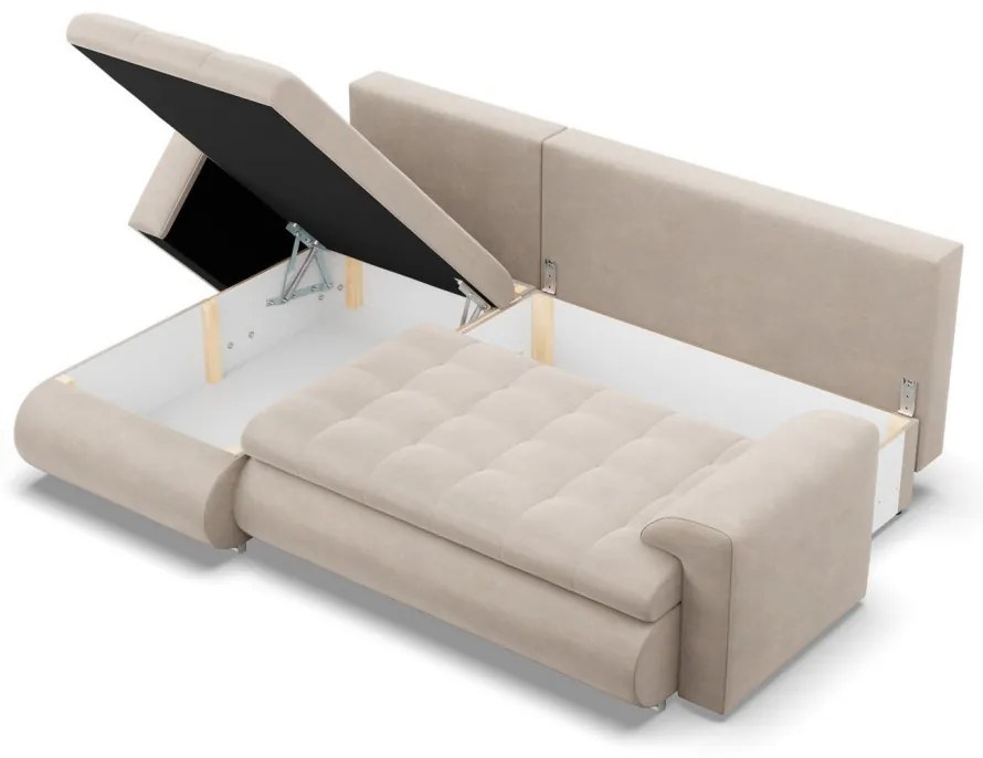 Tokio sarokkanapé, 2 ágyneműtartóval, bársony, baloldali, bézs