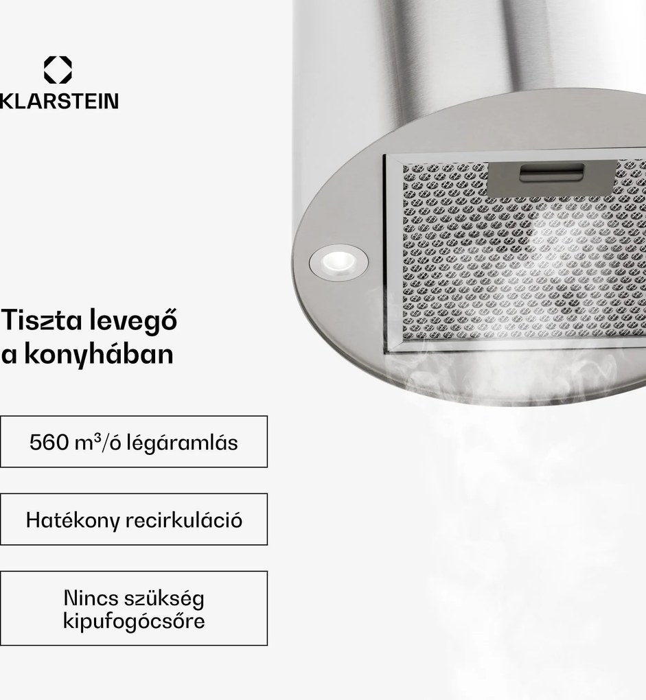 Klarstein Barett, sziget páraelszívó, Ø 35 cm, légkeringetés, 560 m³/ó, LED, aktívszén szűrő, nemesacél