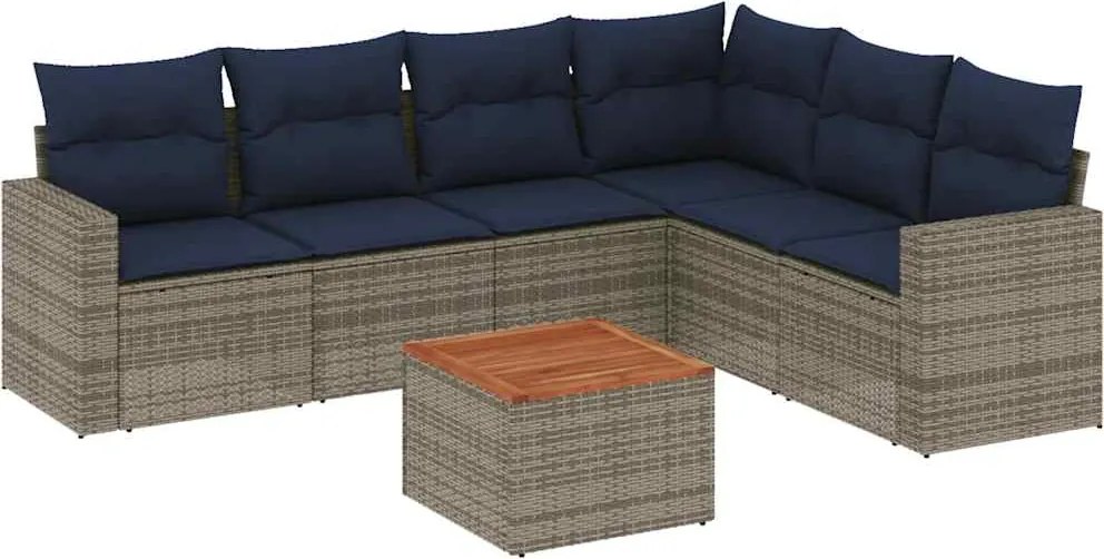 vidaXL 7 részes szürke polyrattan kerti ülőgarnitúra párnákkal