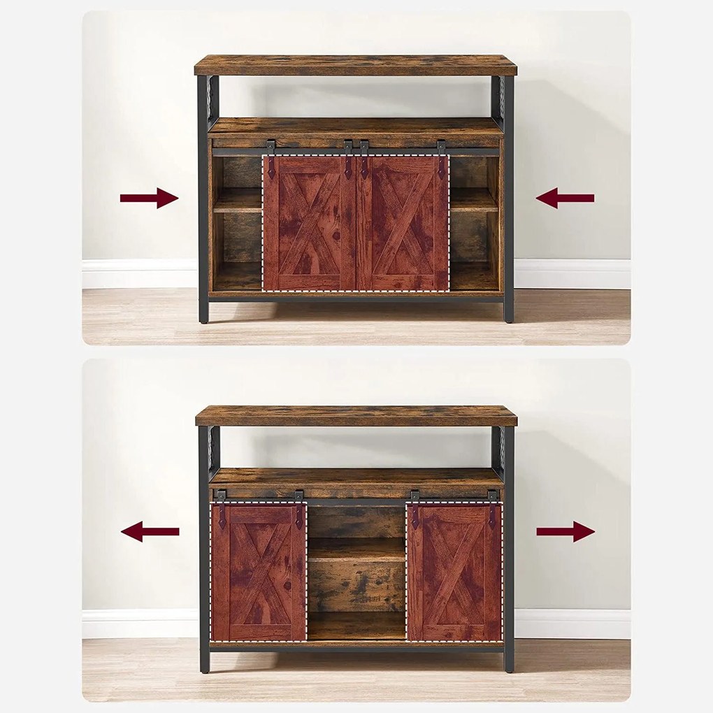 Ipari stílusú tálalószekrény tolóajtókkal, 6 tárolórekesszel és állítható polcokkal, 100 x 33 x 80 cm, rusztikus barna és fekete