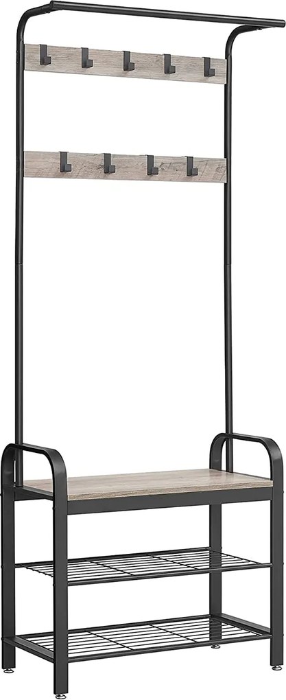 Kabáttartó állvány, kabátállvány cipőtárolóval, 183cm magas, szürke-fekete