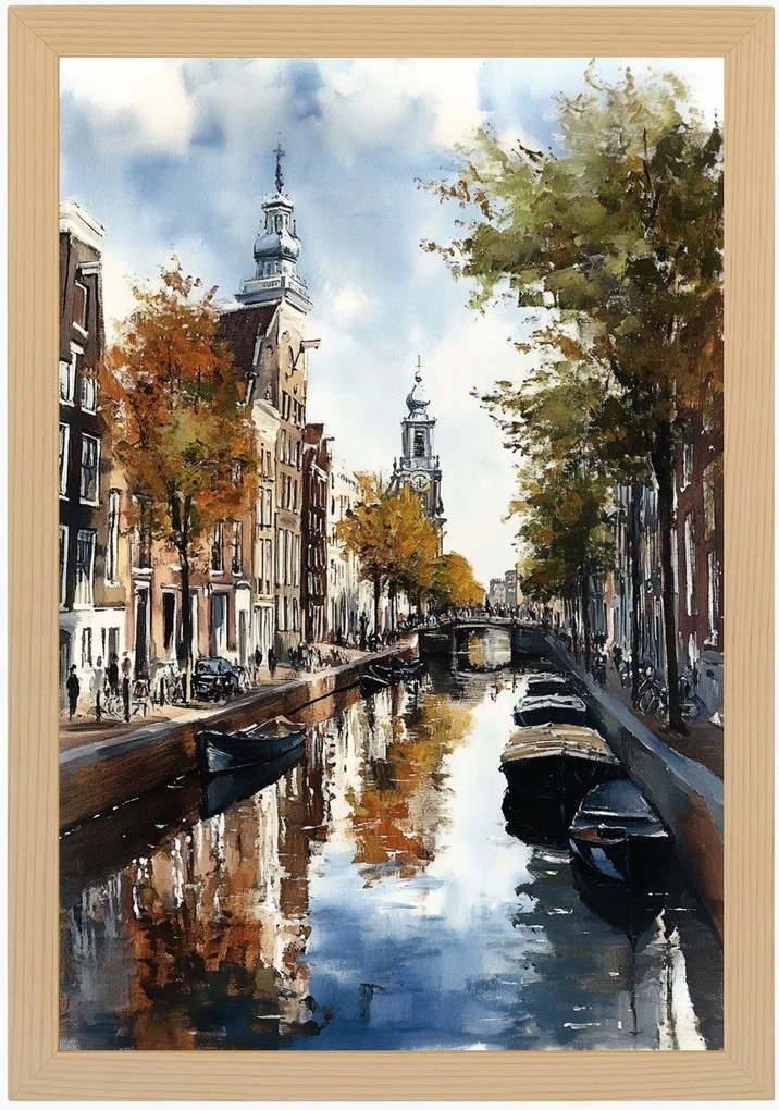 Poszter Keret Fa Tájkép Város Hollandia Amszterdam Csatorna Csónak 40x60