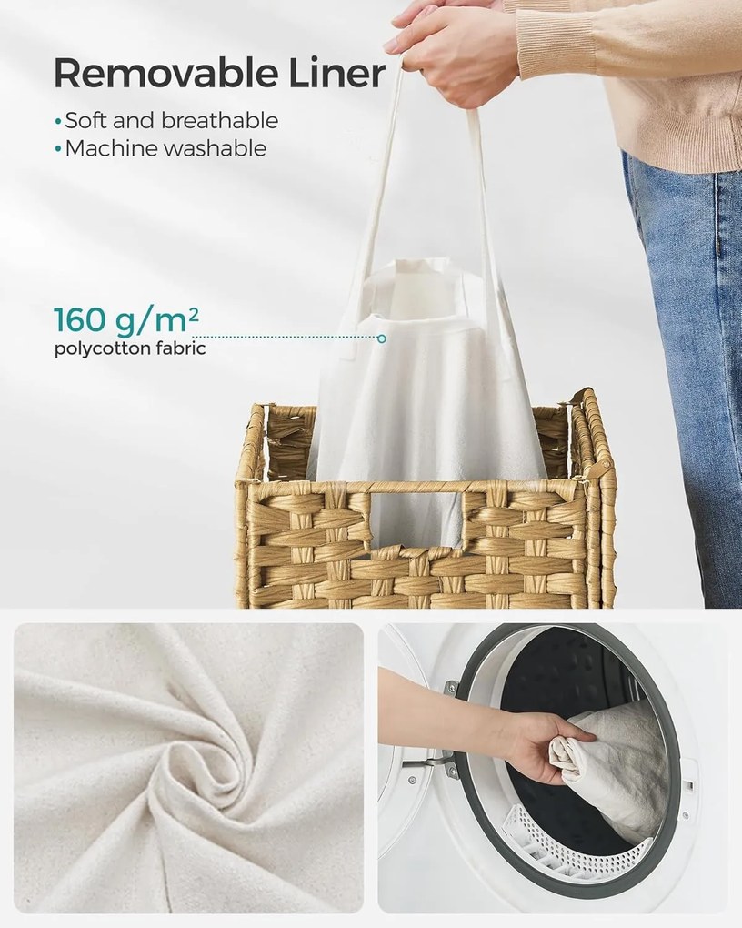 Kézzel szőtt szennyestartó, 90 literes, szintetikus rattan ruháskosár natúr