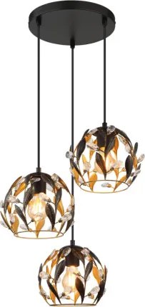 Globo 15759-3HR Függőlámpa, fekete matt fém, aranyszínű fém, fekete patinázott, tiszta akrilkristályok, fekete PVC kábel, ø: 410mm, M: 1500mm, 3x E27 40W 230V izzók nélkül