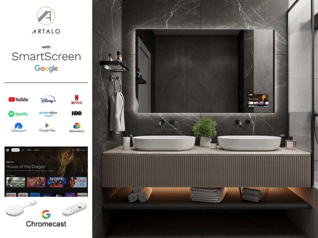 SMART tükör LED világítással M24 + SmartScreen with Google Chromecast
