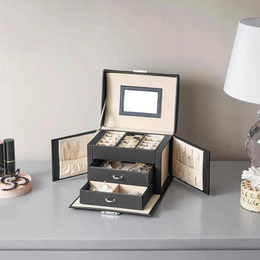 Ékszerdoboz, zárható ékszertartó 2 fiókkal, fekete