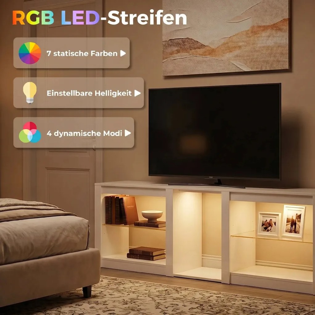 TV-szekrény RGB LED világítással, modern, fehér