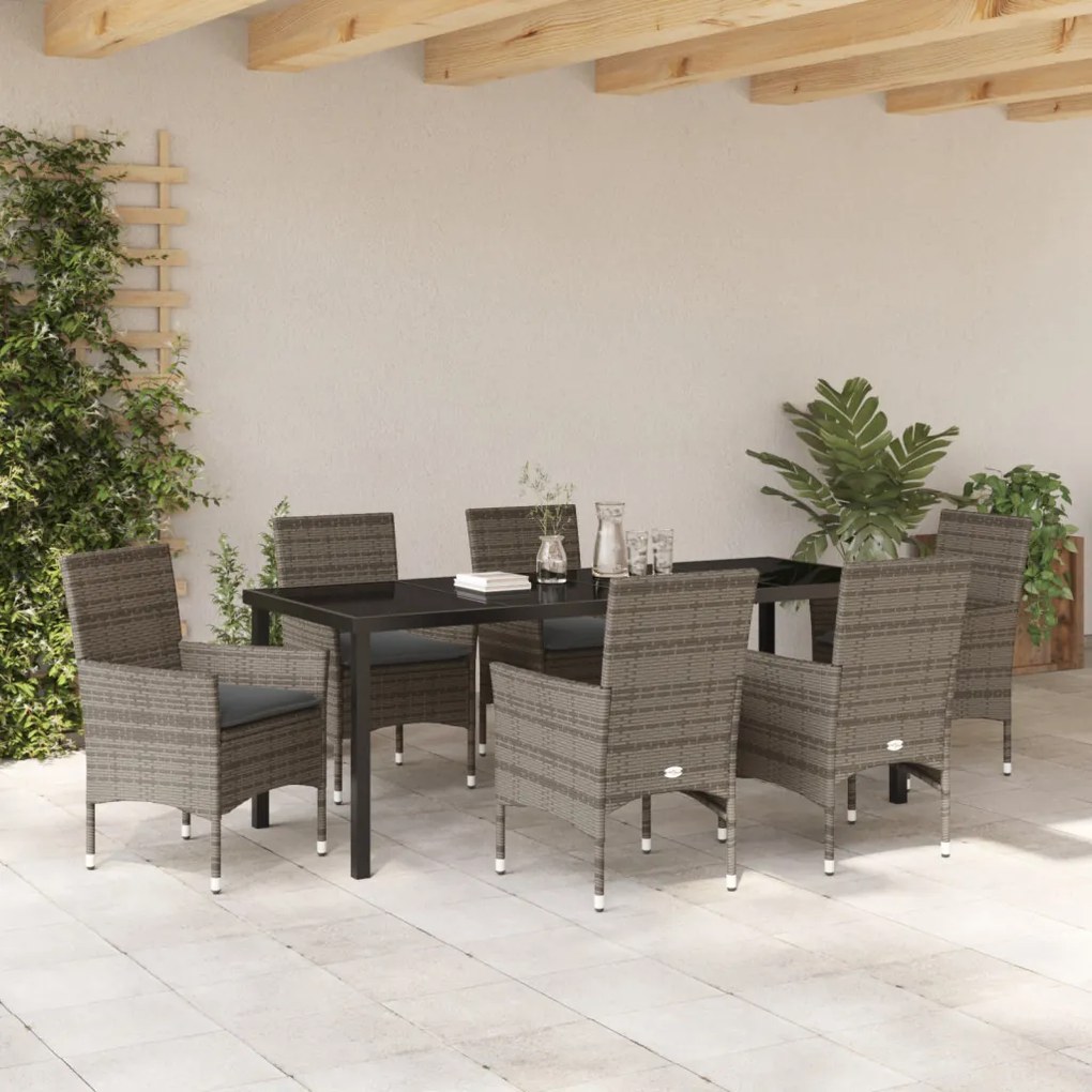 7 Részes Kerti Étkezőszett Párnákkal Szürke Poli Rattan, Kerti Asztal Fekete 200x80x73 cm Edzett Üveg