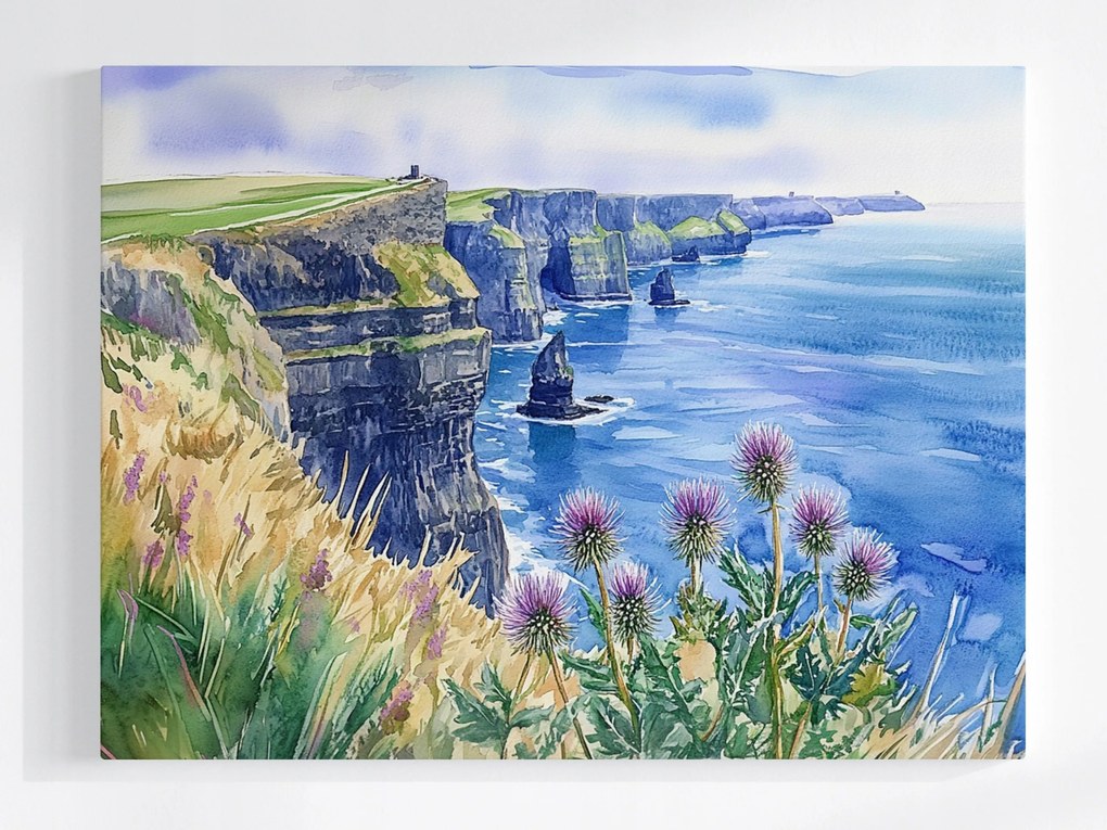 Vászonkép Canvas Akvarell Sziklák Mohair Írország Tenger Rét 100x75