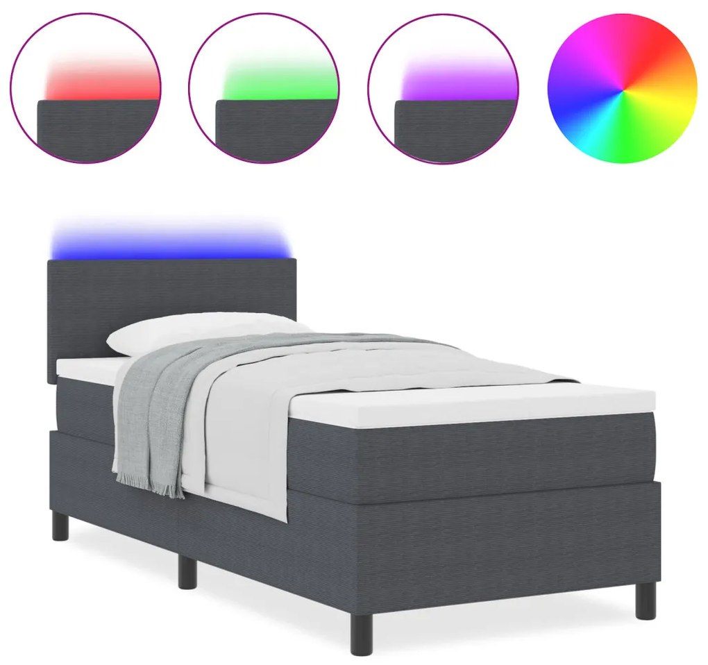 Boxspring ágy matraccal és LED világítással, sötétszürke egyszemélyes bársonyos szövet