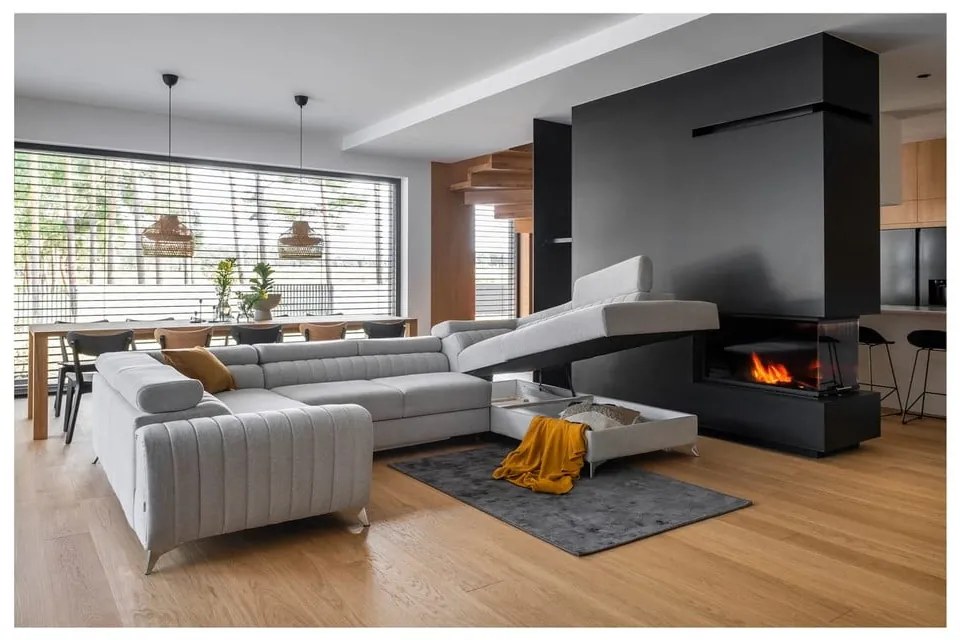 Világosszürke kinyitható-tárolóhelyes sarokkanapé (jobb oldali-U alakú) Louis – ELTAP