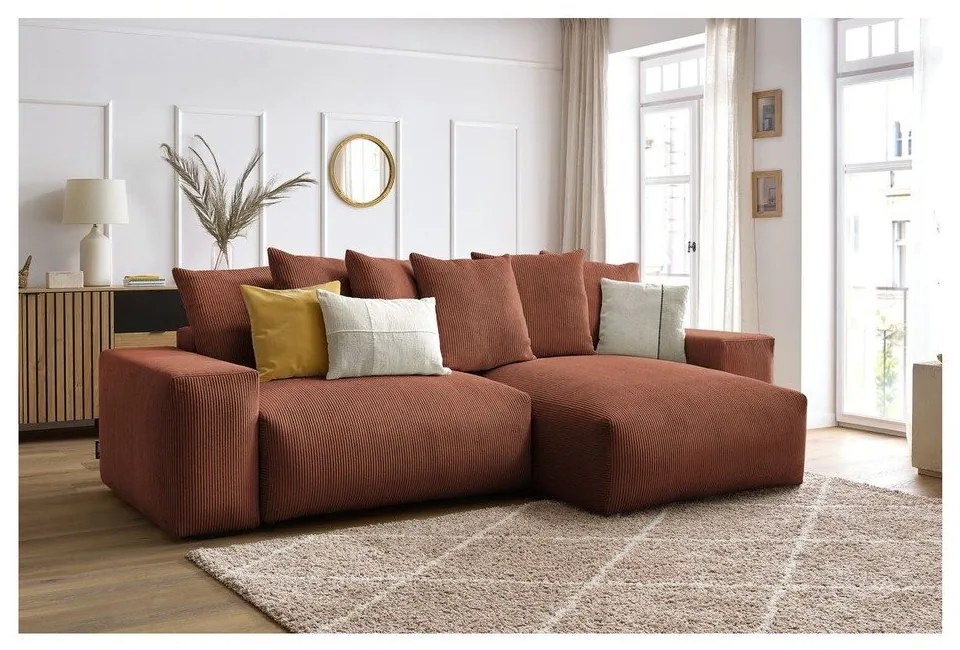 Terrakotta színű kordbársony kinyitható-tárolóhelyes sarokkanapé Voltaire – Bobochic Paris