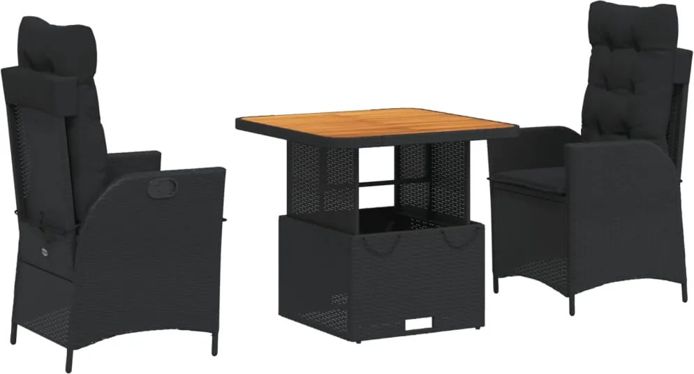 vidaXL 3 részes fekete polyrattan kerti étkezőgarnitúra párnákkal