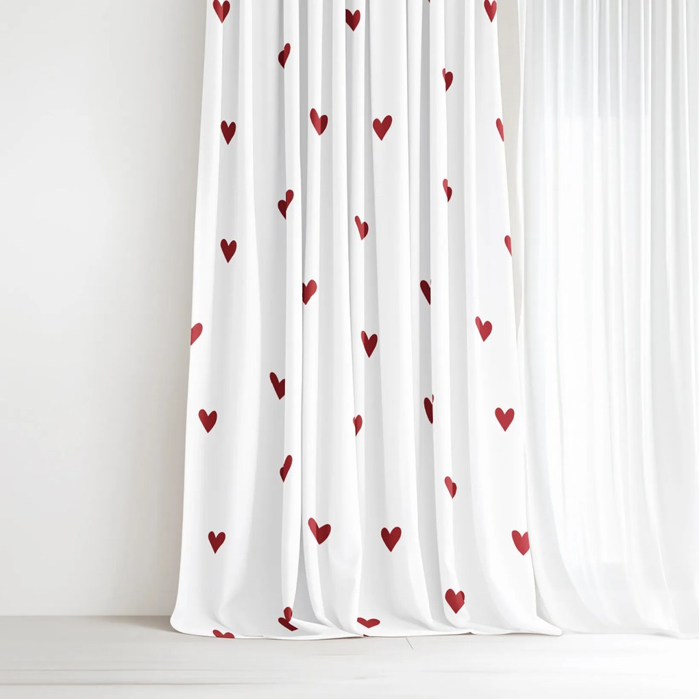 Goldea pamut drapéria - piros szívecskék, fehér alapon 240x150 cm