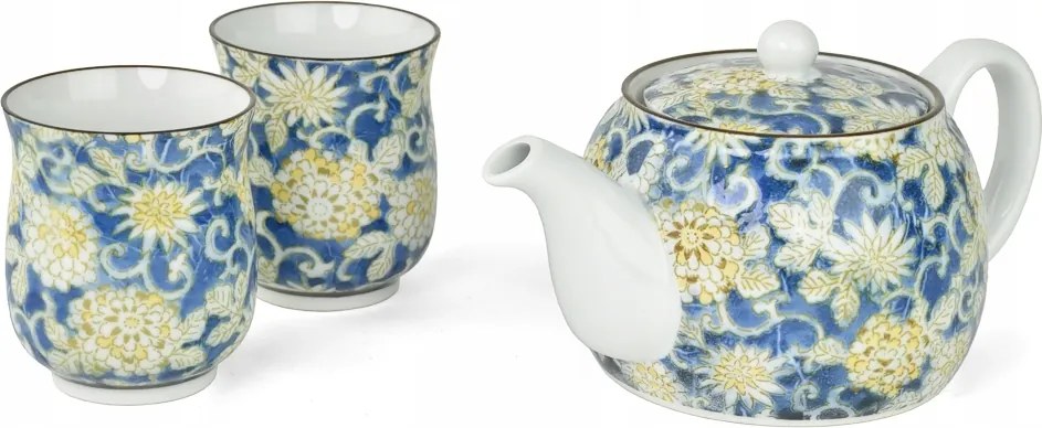 3 darabos porcelán szett Japán tea kék virág
